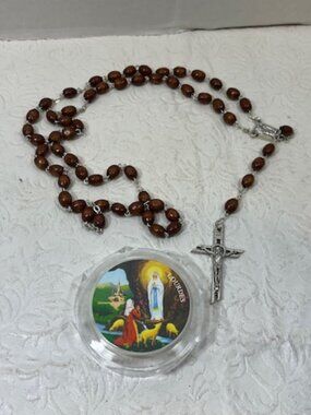 Our Lady of Lourdes Traditional Catholic Brown Beaded Rosary w/Travel Case